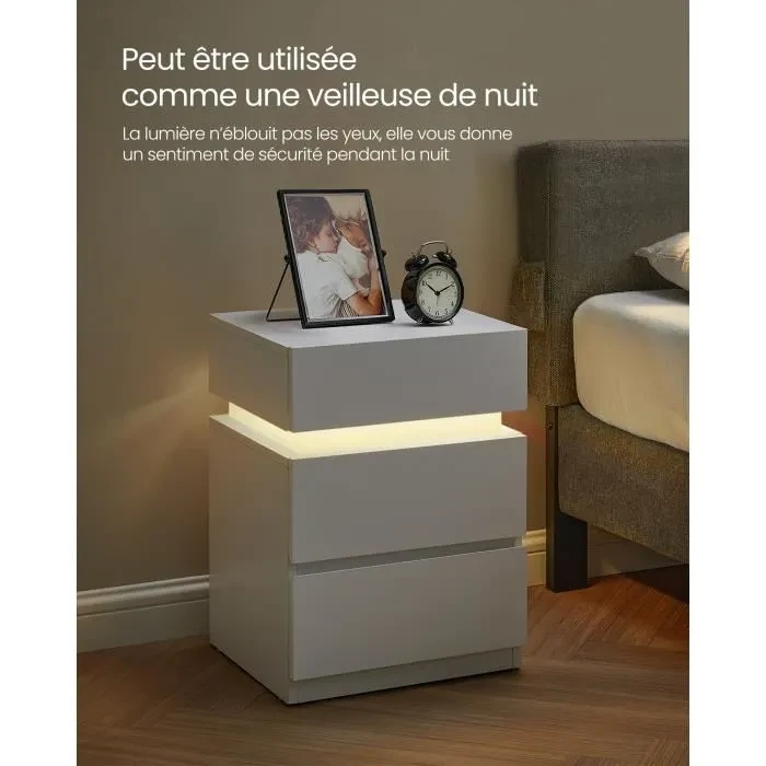 Table de Chevet - VASAGLE - 3 Tiroirs - Bande LED Multicolore Réglable - Style Moderne