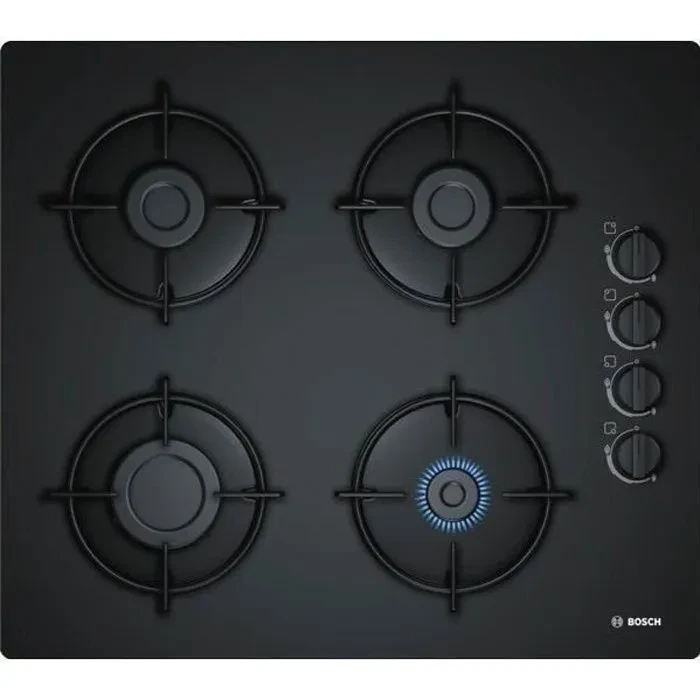 BOSCH POP6B6B10 Plaque de cuisson gaz - 4 foyers - 7400W - L56 x P48cm - Revêtement verre trempé - Noir